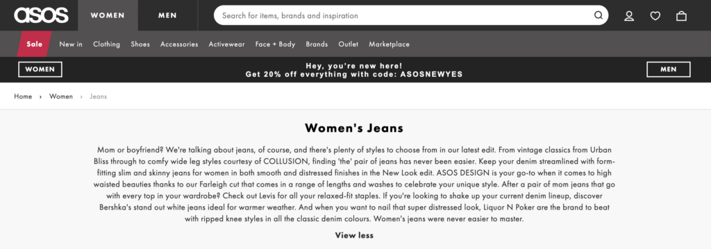 asos womens jeans landing page supportive content