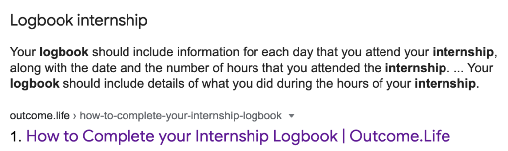 outcome.life featured snippet in google for internship logbook keyword